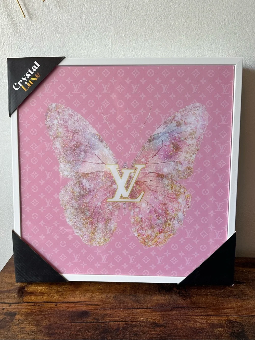 Luxury Designer Inspired Framed Gold & Pink Sparkle Butterfly Wall Art Decor NWT